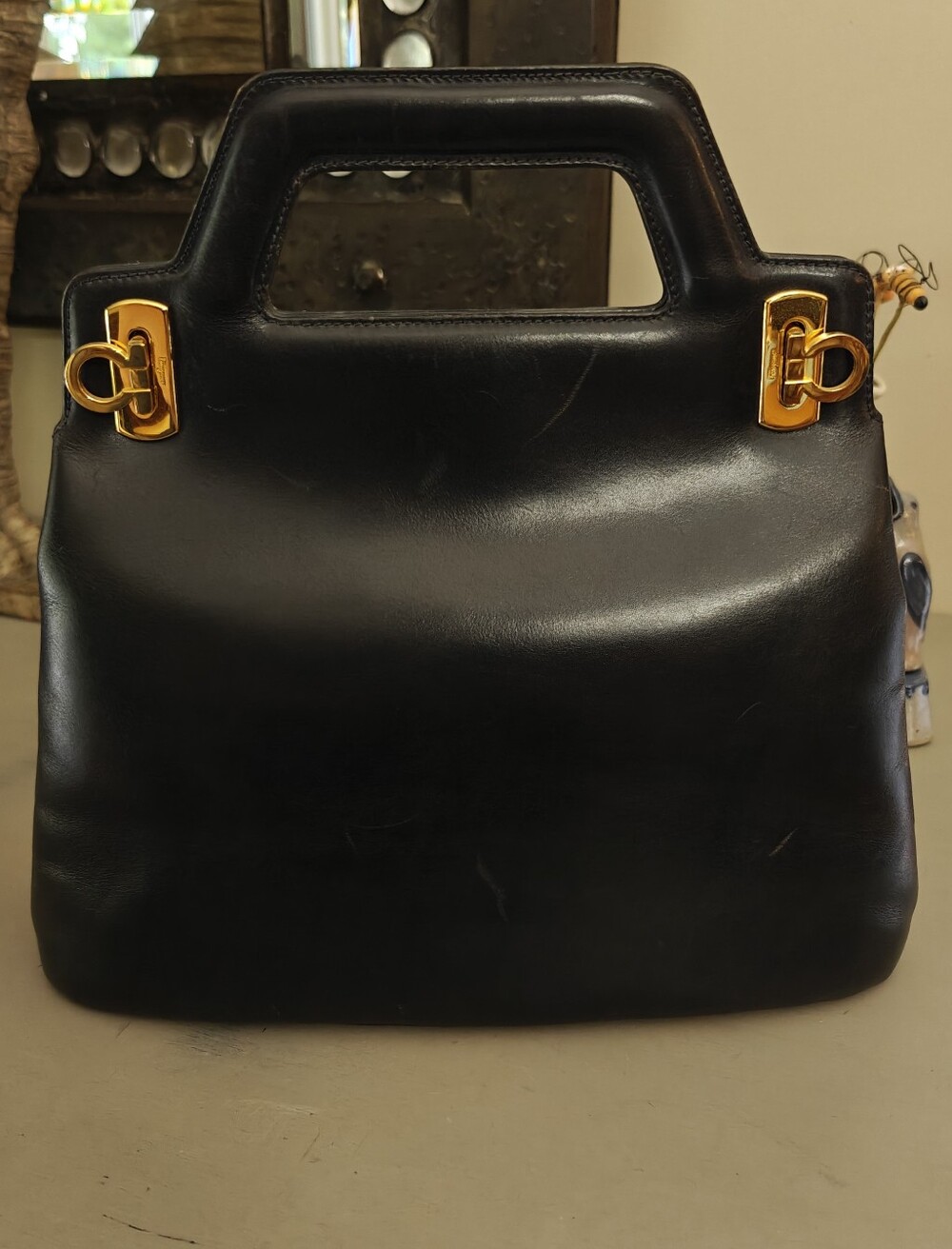 Salvatore Ferragamo Gancini Small Leather Hand Bag - Black with Gold Hardware